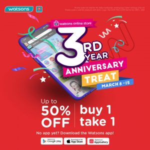 Watsons - Mobile App 3rd Anniversary Treat: Up to 50% Off and Buy 1 Take 1