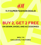 H&M – 11.11 Deal: Buy 2, Get 2 Free on Denim, Shoes and Accessories