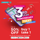 Watsons – Mobile App 3rd Anniversary Treat: Up to 50% Off and Buy 1 Take 1